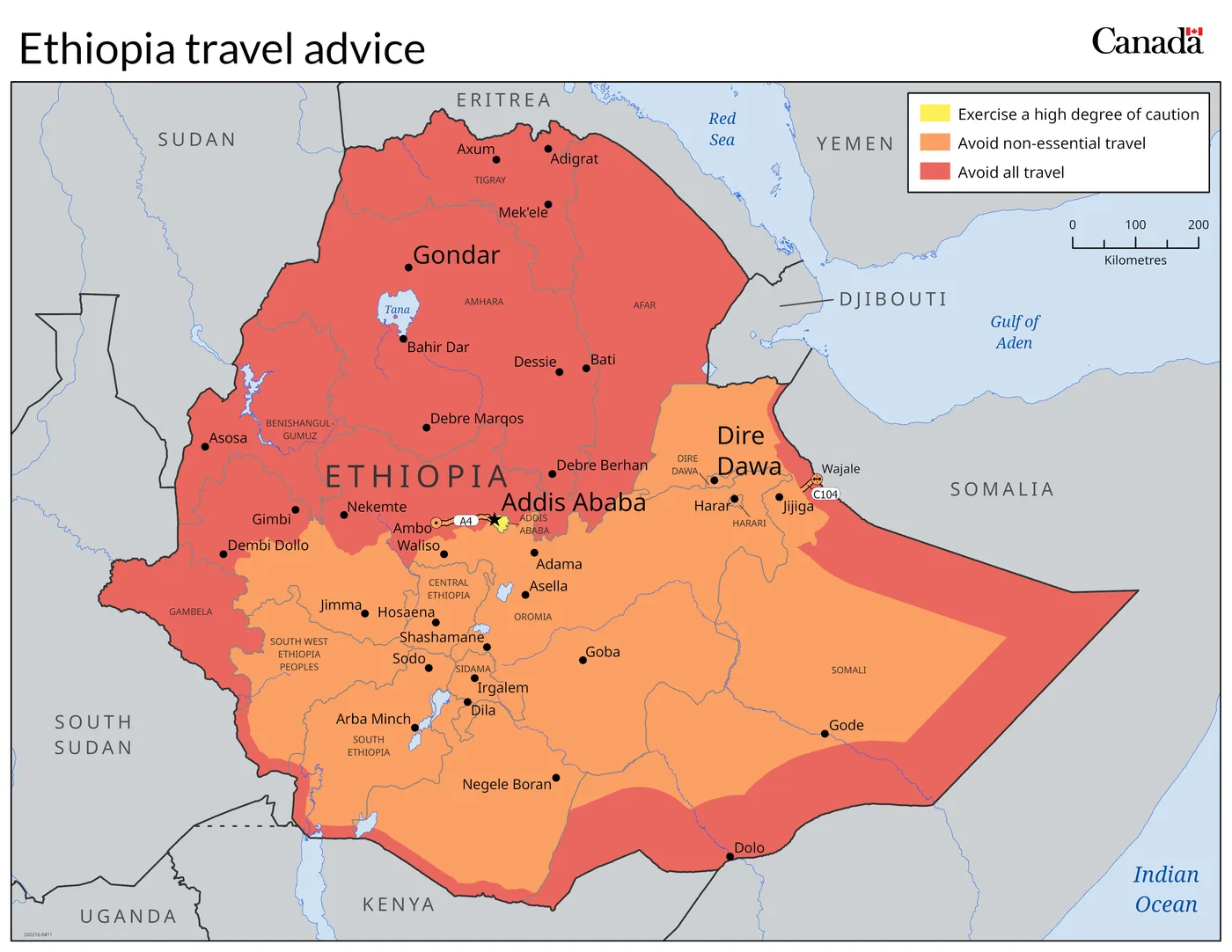 Government of Canada travel advice map of Ethiopia: Avoid all travel, Avoid non-essential travel, High degree of caution