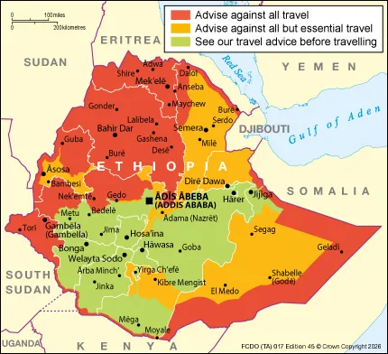UK Foreign Office (FCDO) travel advice map of Ethiopia: Against all travel, Against all but essential travel, Read the advice before travelling