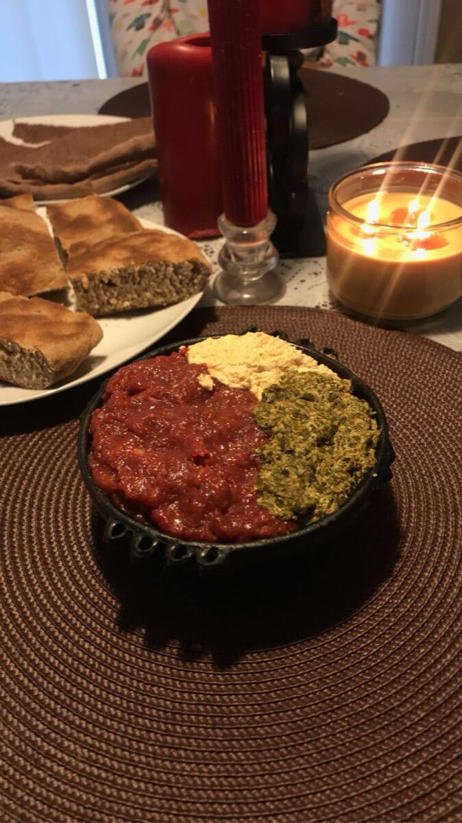 Kitfo with greens and cottage cheese